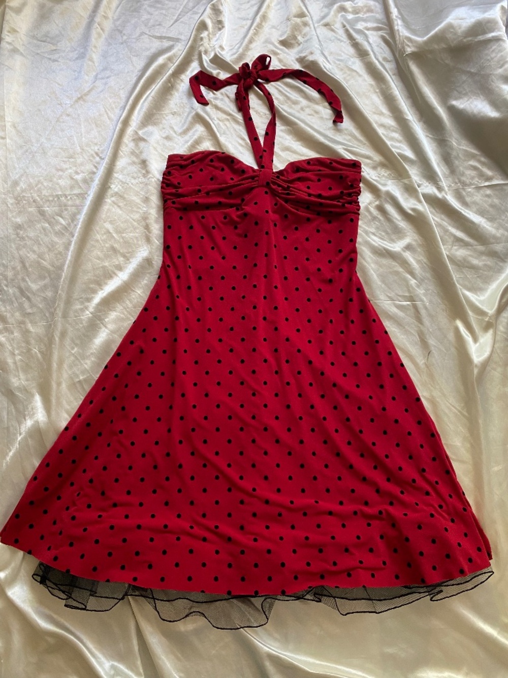 Vintage y2k Red Black Flocked Polka Dot Halter Tulle Dress Party Pin Up Size 14